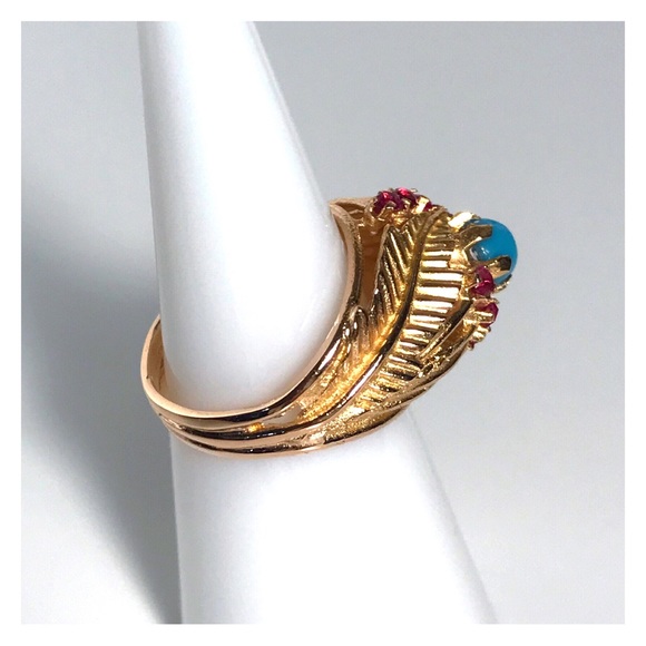 18KT SOLID GOLD ANTIQUE TURQUOISE & RUBY RING - 7.65 GRAMS!! - Picture 4 of 13